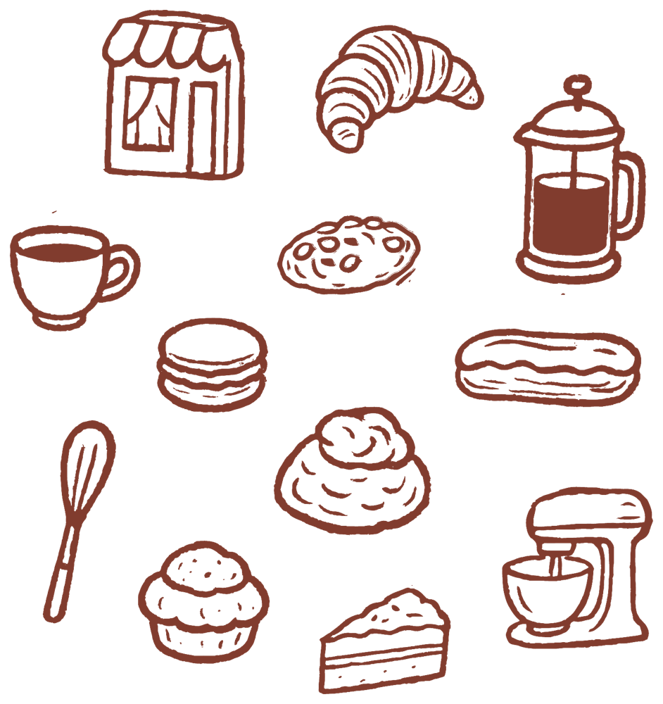 Hand-drawn icon set: shop, croissant, cafetière, cup, cookie, macaron, éclair, whisk, choux, mixer, cupcake, cake slice