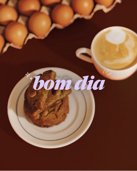 “bom dia” poster: cookies, eggs and coffee on maroon