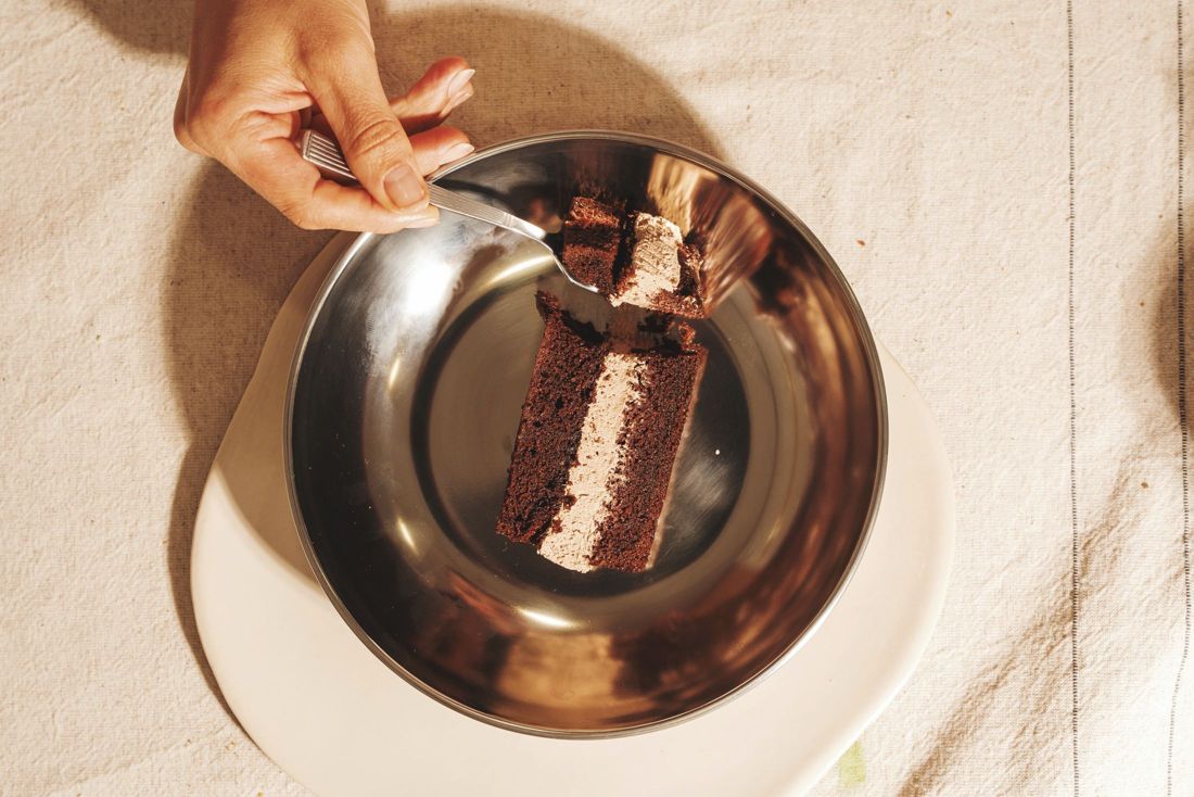 A slice of cake on a steel plate
