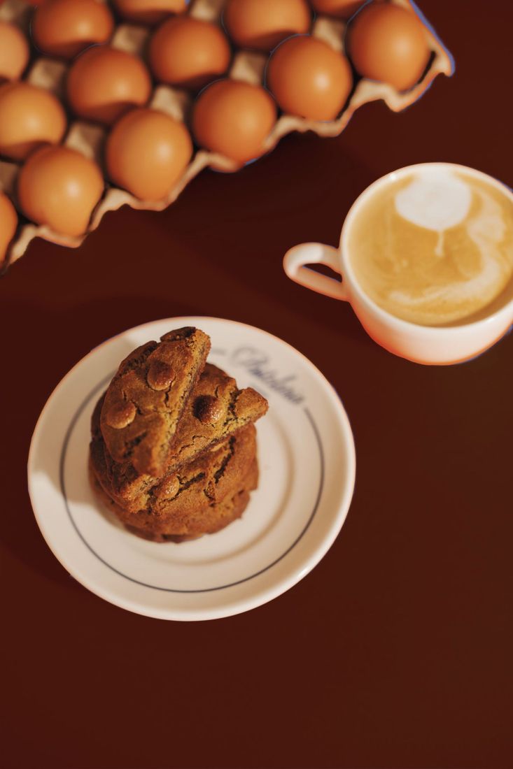 Cookie stack with eggs and coffee