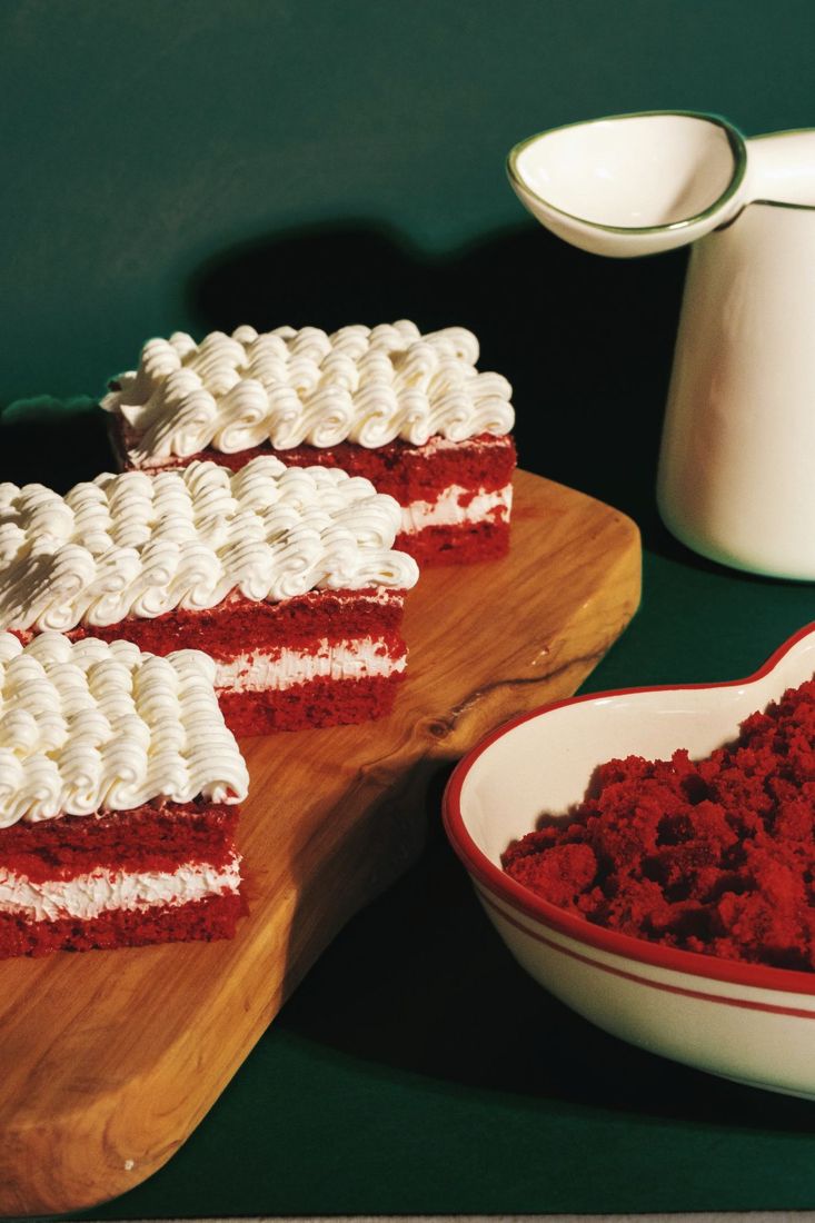 Red velvet slices on a wooden board